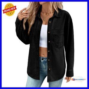Oversized Denim Button Down Shirt Long Sleeve Casual Blouse Women's Top